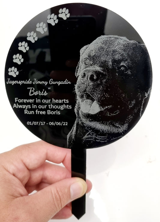 Pet Grave Marker - Laser engraved photo with personalised name and date/s - Laser LLama Designs Ltd