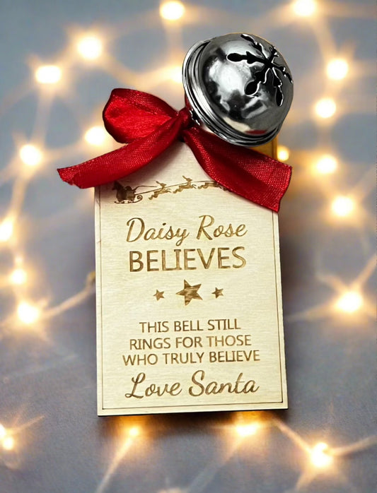 Wooden personalised tag with silver believe bell - Laser LLama Designs Ltd