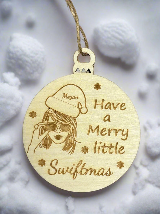 Wooden personalised „Have a merry little Swiftmas „bauble - Laser LLama Designs Ltd