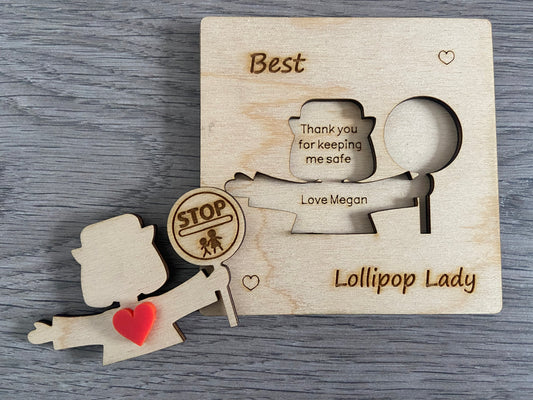 Wooden 3d personalised lollipop lady/man card - Laser LLama Designs Ltd