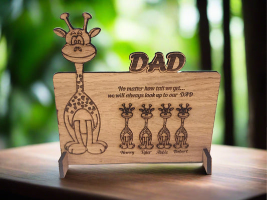 Oak veneer/Birch freestanding Giraffe plaque - Laser LLama Designs Ltd