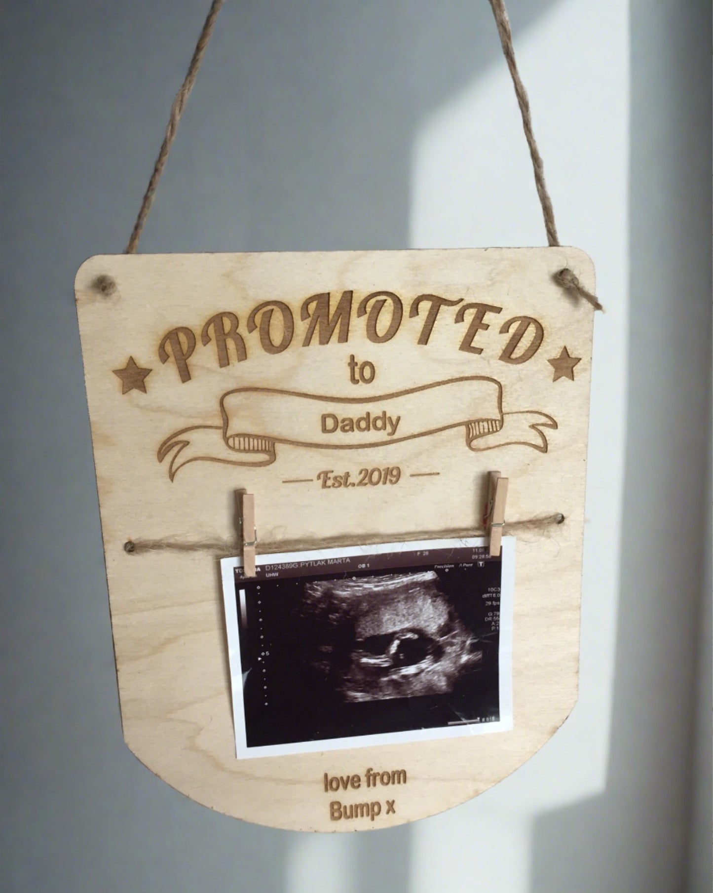 Wooden hanging promoted to daddy plaque - Laser LLama Designs Ltd