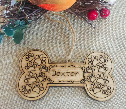Personalised oak veneer dog bone decoration - Laser LLama Designs Ltd