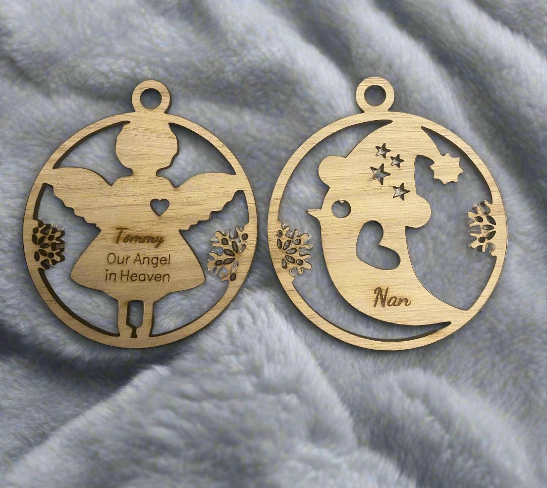 Oak veneer personalised Robin/Angel bauble - Laser LLama Designs Ltd