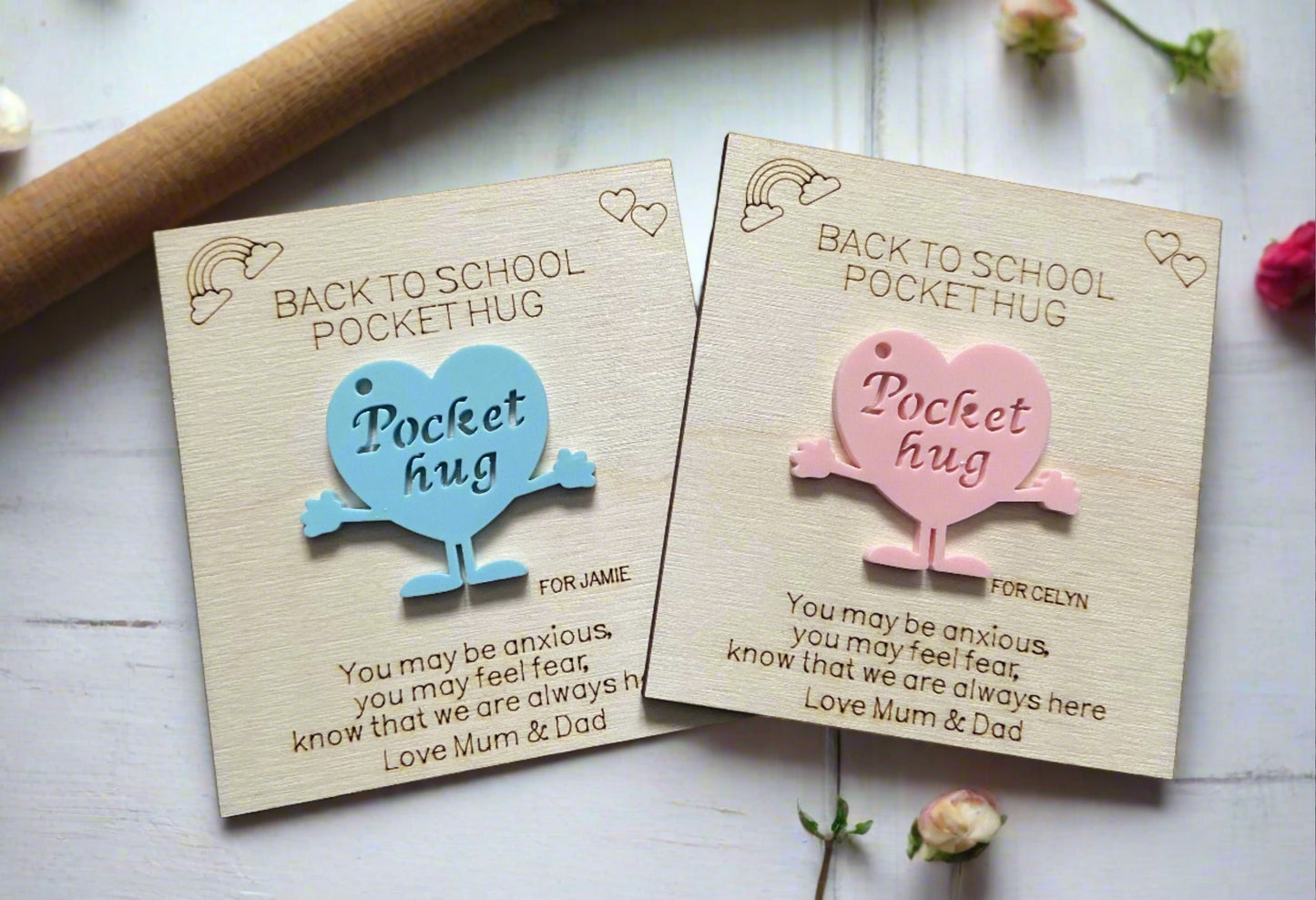 Wooden card with pocket hug - back to school - Laser LLama Designs Ltd