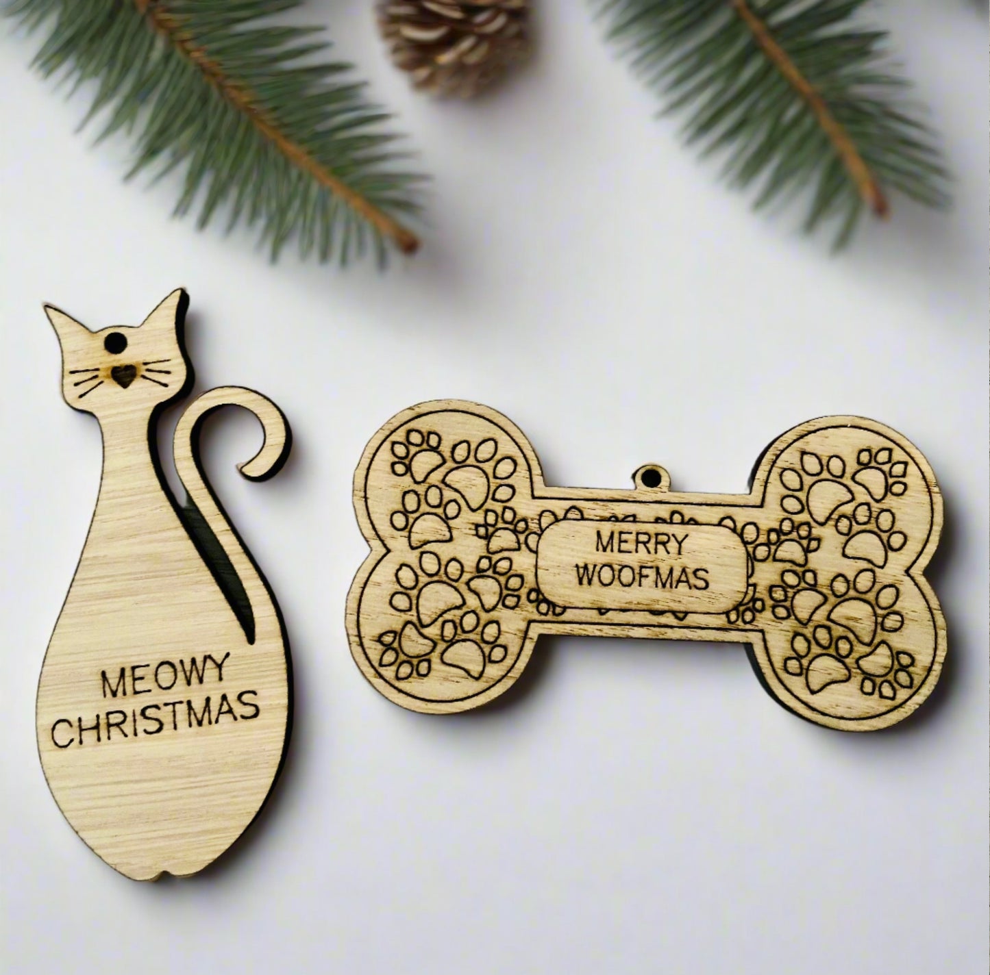 Oak veneer dog bone / cat shape tree decoration - Laser LLama Designs Ltd
