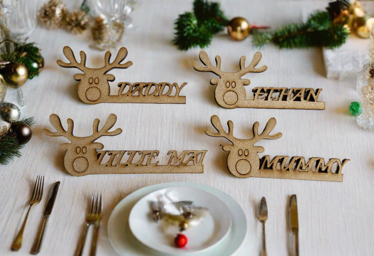 Christmas table settings mdf names Rudolph - Laser LLama Designs Ltd