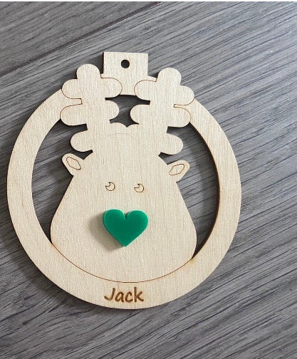 Wooden personalised red/green nose reindeer bauble - Laser LLama Designs Ltd