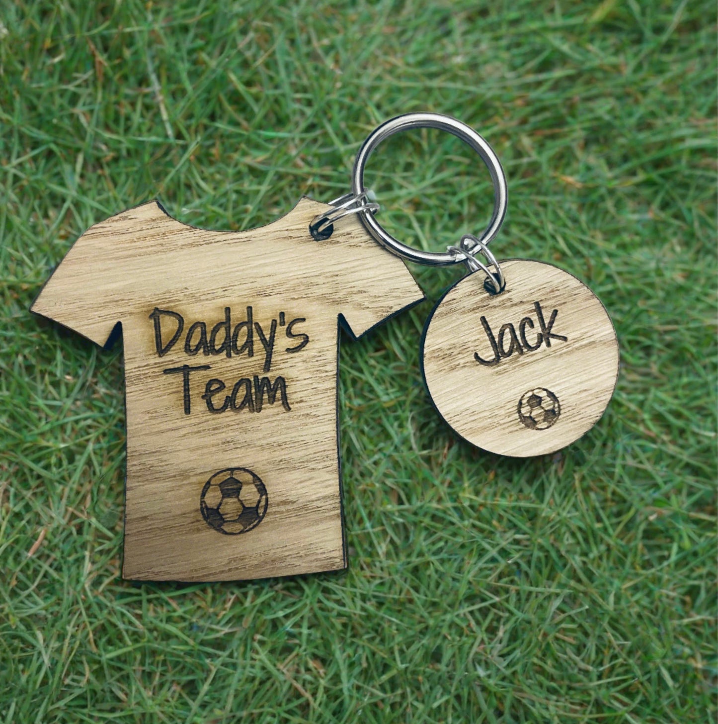 Oak veneer personalised football top keyring - Laser LLama Designs Ltd