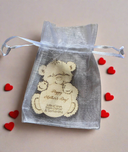 Wooden personalised bear in the bag -Happy Mother’s day - Laser LLama Designs Ltd