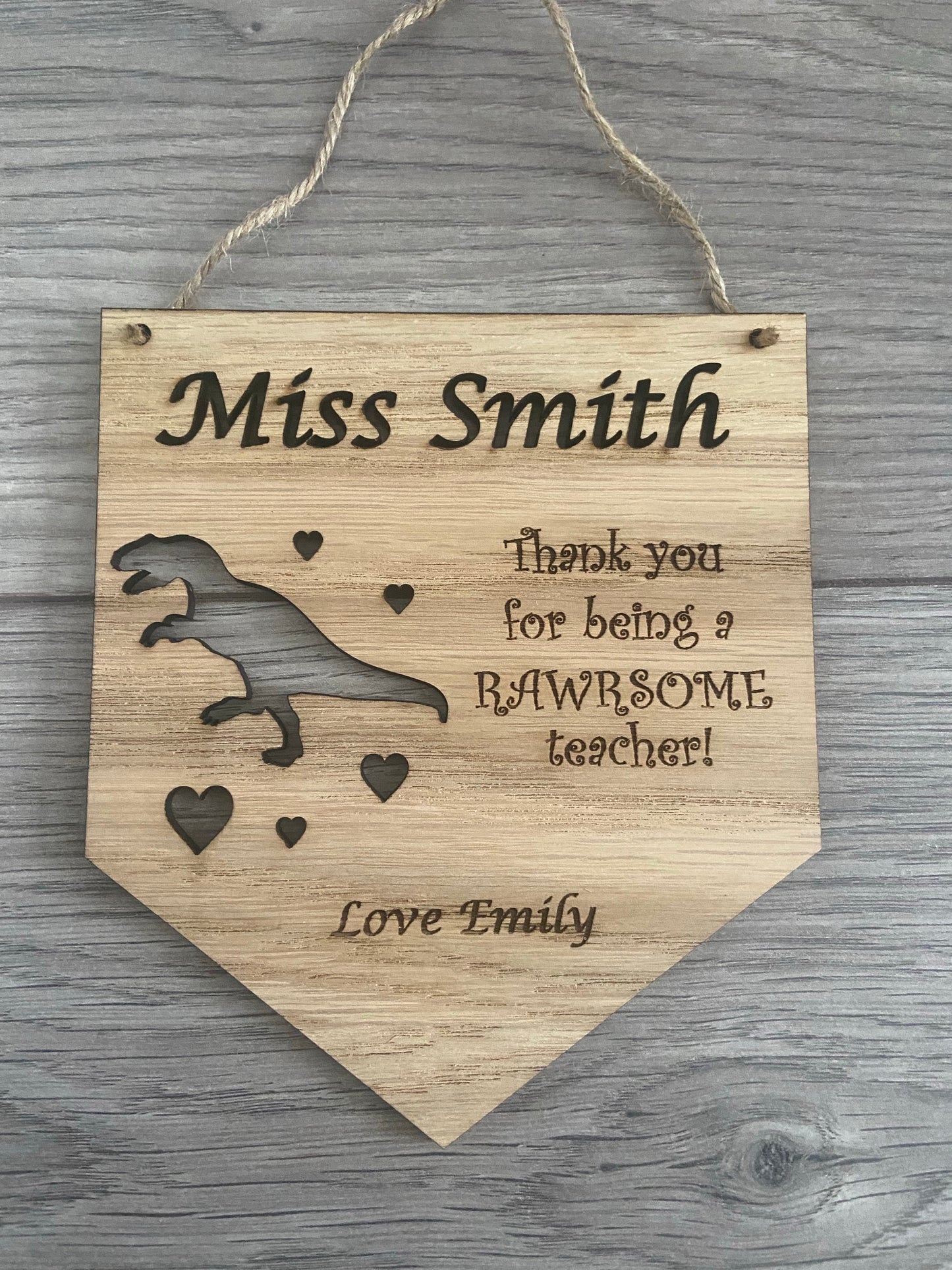 Oak veneer personalised dinosaur bunting plaque - Laser LLama Designs Ltd