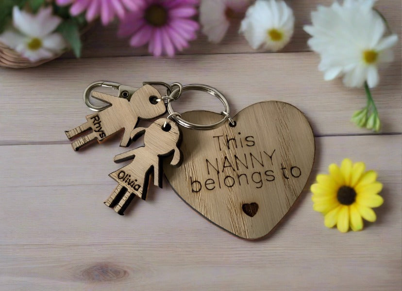 Oak veneer personalised heart keyring with kids shapes - Laser LLama Designs Ltd