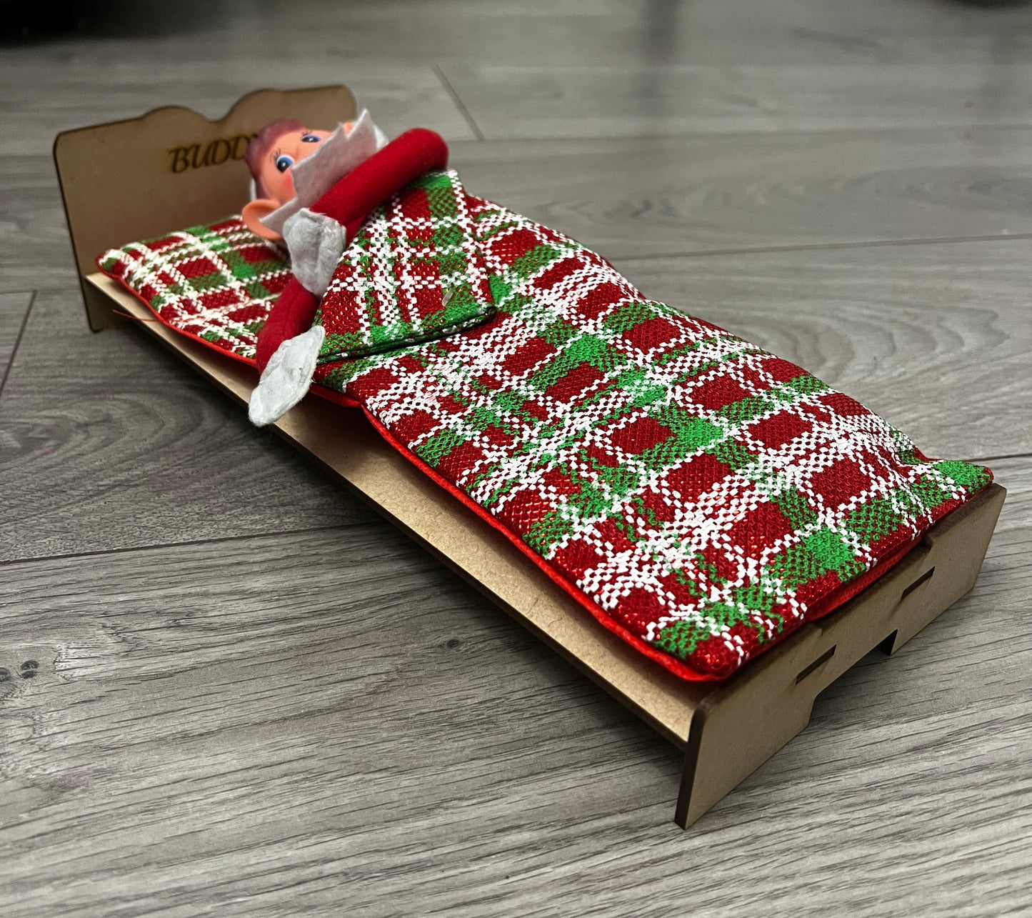Wooden personalised elf bed with sleeping bag - Laser LLama Designs Ltd