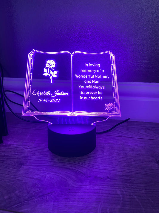 Light up 3D open book memorial display. 9 Colour options with remote! - Laser LLama Designs Ltd
