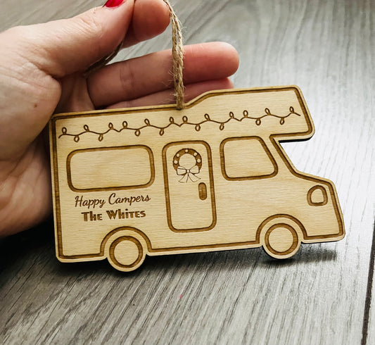 Wooden personalised caravan/motorhome tree decoration - Laser LLama Designs Ltd