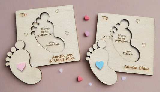 Wooden personalised baby foot godparent proposal card - Laser LLama Designs Ltd