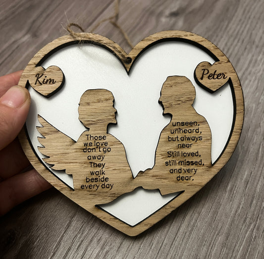 Wooden heart memorial wings plaque - Laser LLama Designs Ltd