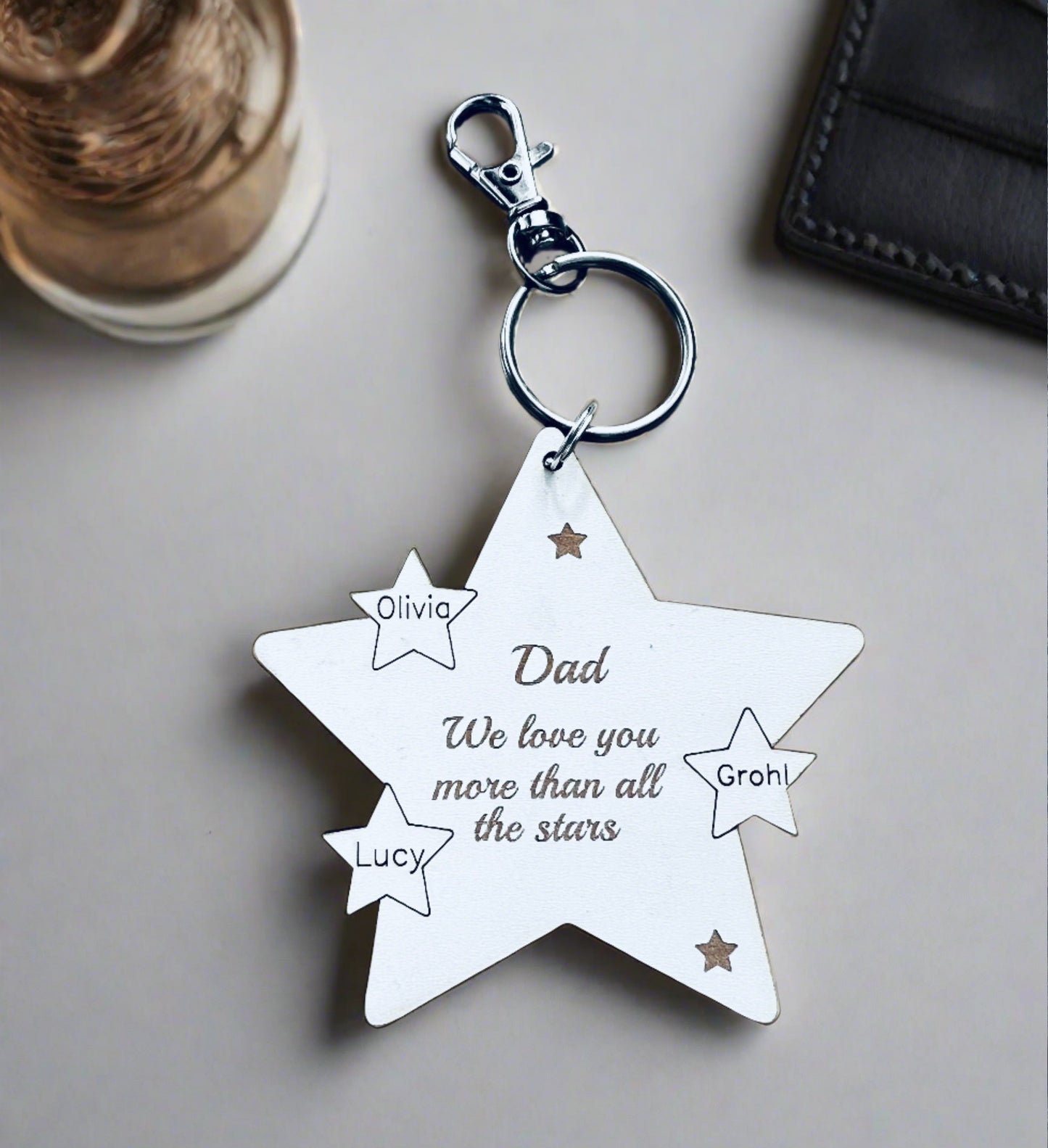 Wooden personalised star shape keyring - Laser LLama Designs Ltd
