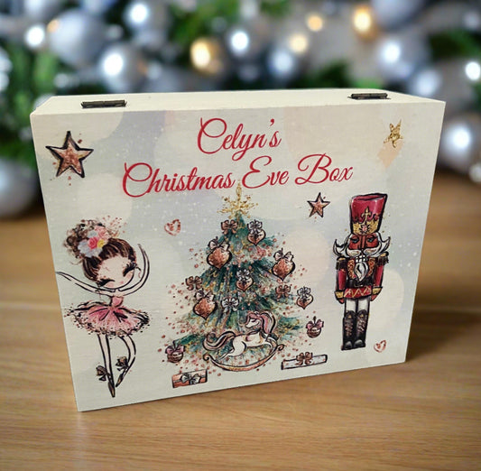 Wooden personalised uv printed nutcracker Christmas Eve box - Laser LLama Designs Ltd