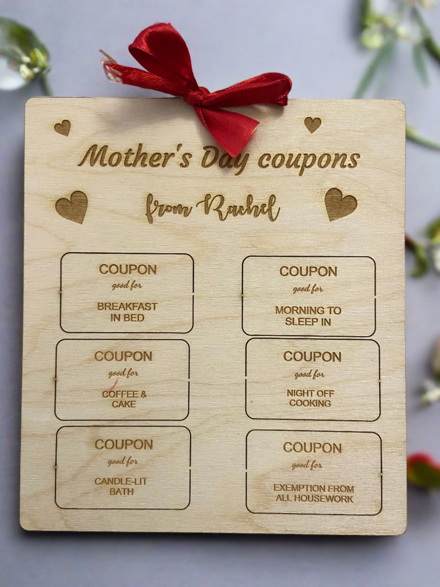 Wooden personalised Mother’s Day coupons - Laser LLama Designs Ltd