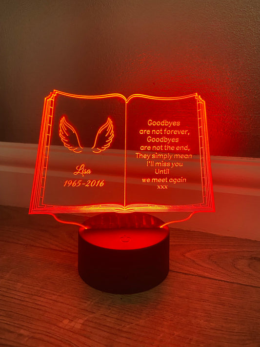 Light up 3d open book with wings memorial display. 9 colours option - Laser LLama Designs Ltd