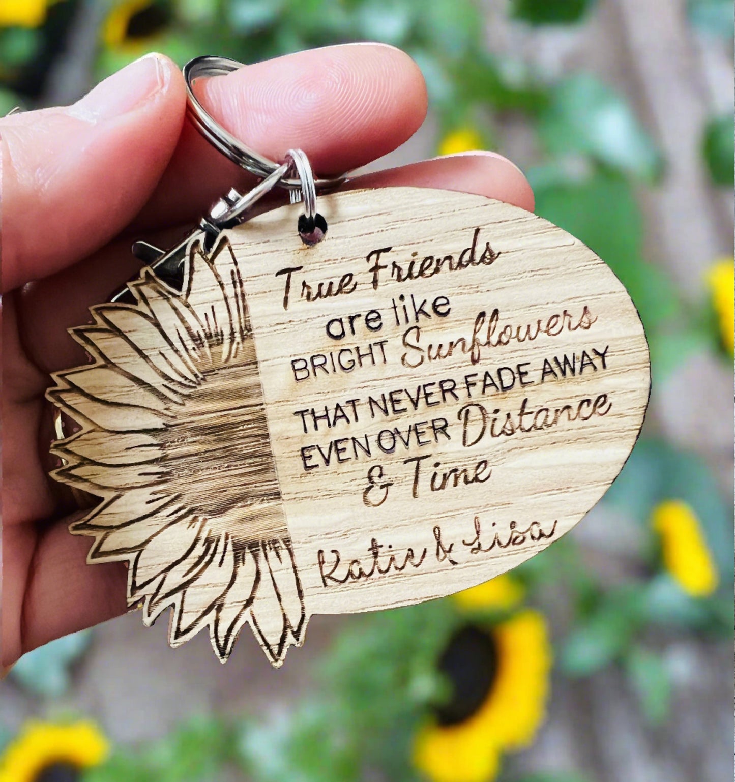 Oak veneer personalised sunflower keyring - true friends - Laser LLama Designs Ltd