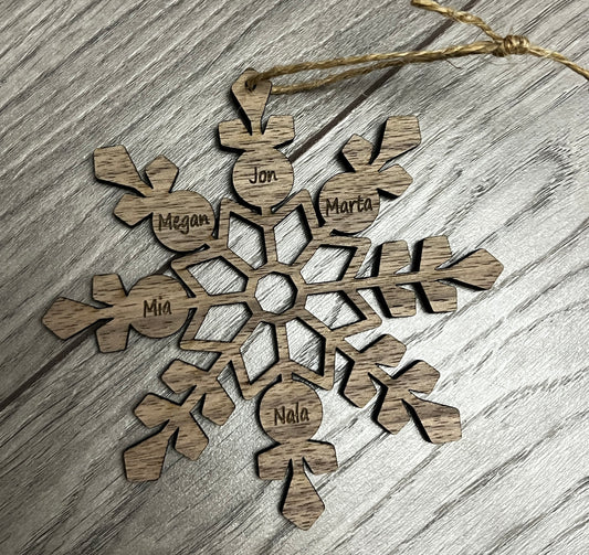Walnut personalised snowflake tree decoration - Laser LLama Designs Ltd
