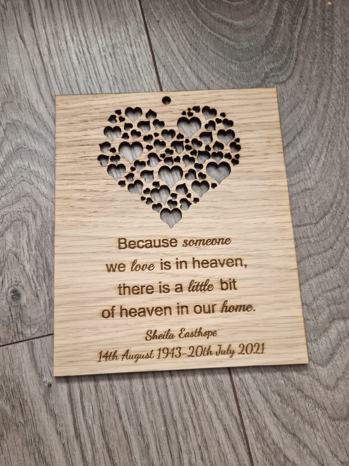 Oak veneer personalised “Because someone we love is in heaven ..” - Laser LLama Designs Ltd