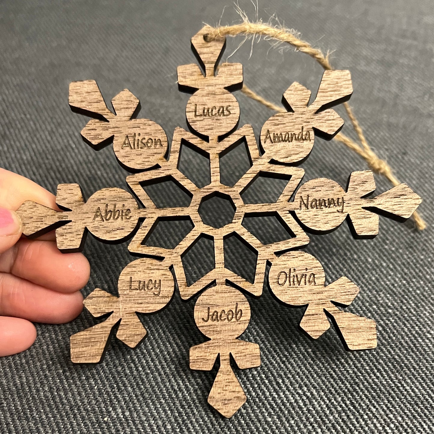 Walnut personalised snowflake tree decoration - Laser LLama Designs Ltd