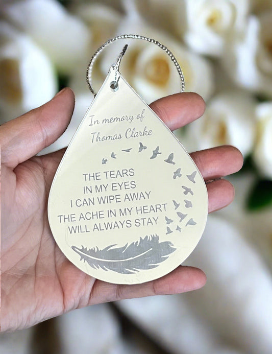 Silver mirrored acrylic personalised tear drop hanging decoration - Laser LLama Designs Ltd