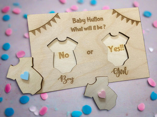 Wooden personalised baby’s gender reveal wooden card - Laser LLama Designs Ltd