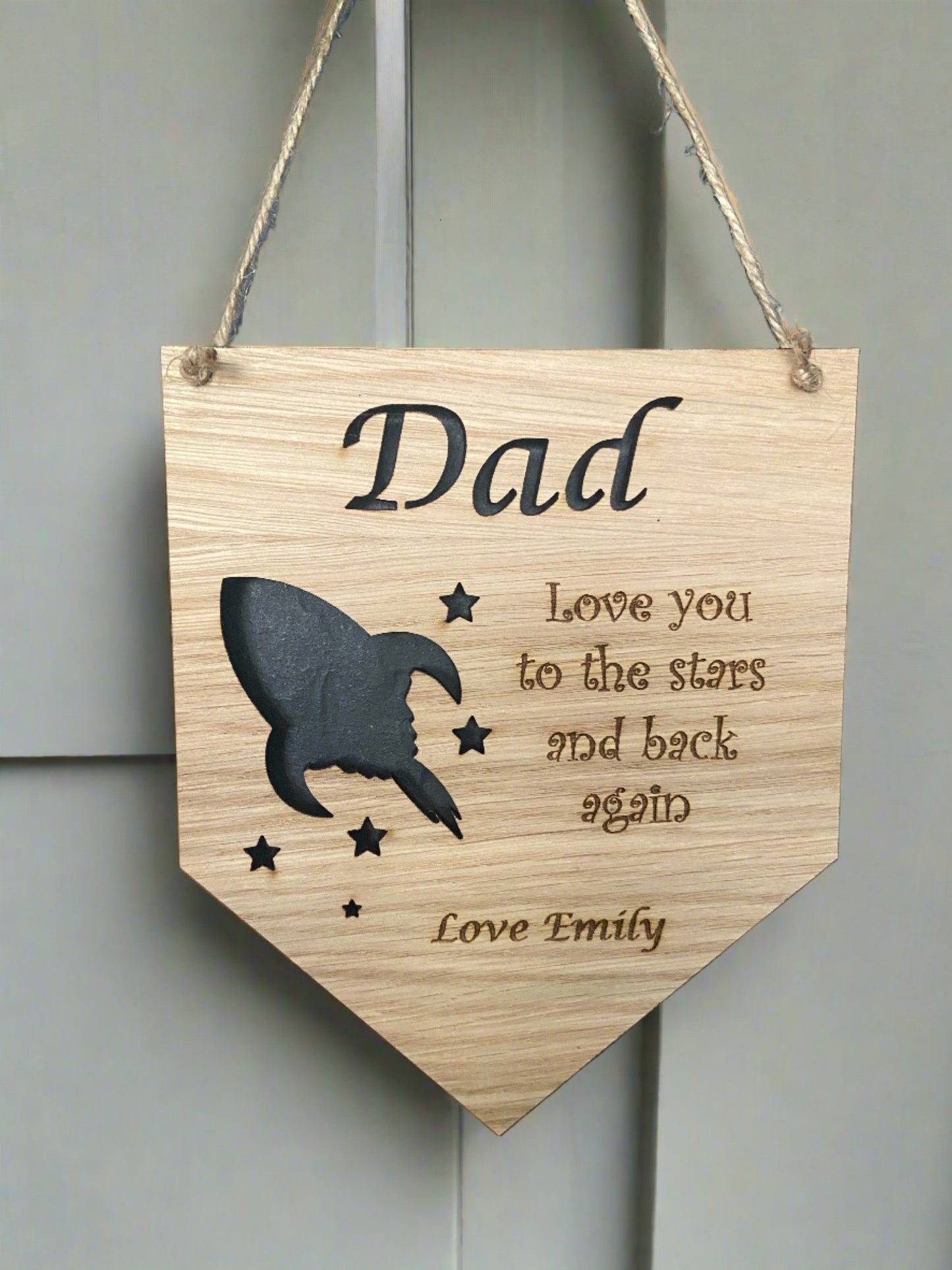 Oak veneer personalised rocket bunting plaque - Laser LLama Designs Ltd