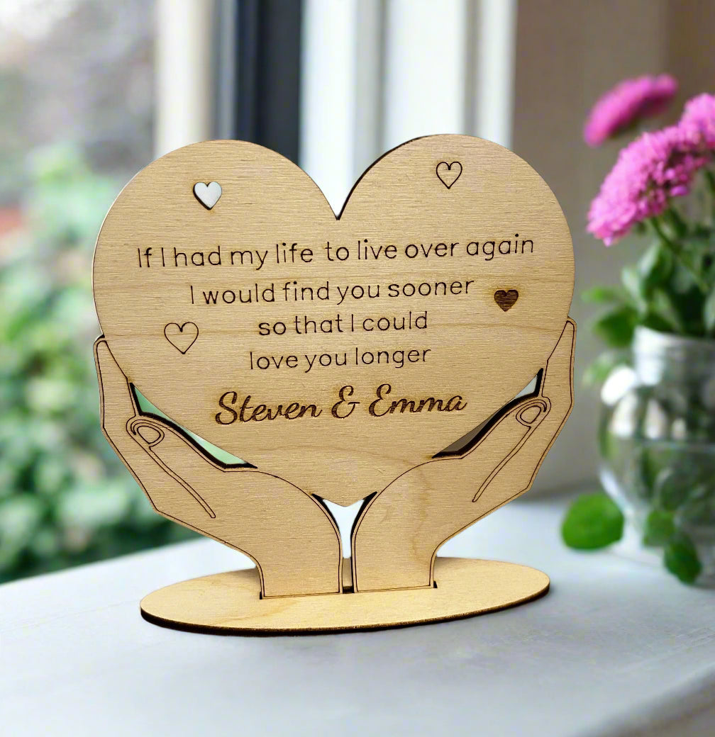 Wooden personalised hands holding a heart - Laser LLama Designs Ltd