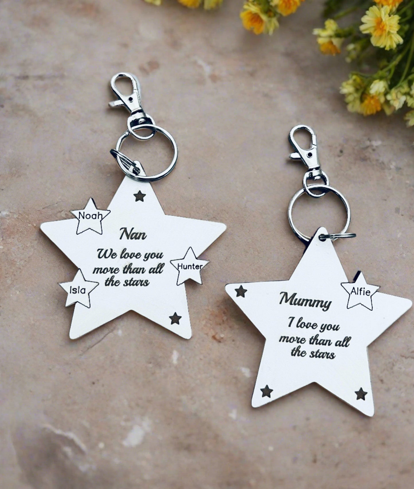 Wooden personalised star shape keyring - Laser LLama Designs Ltd