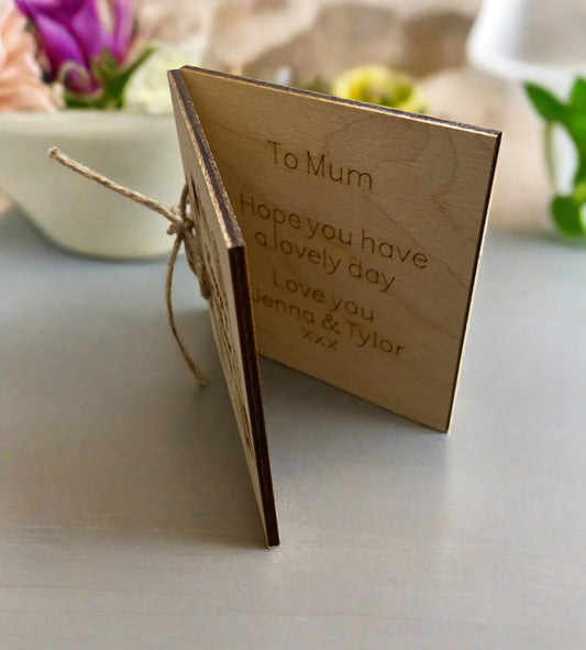 Wooden personalised wreath card for Mother’s Day - Laser LLama Designs Ltd