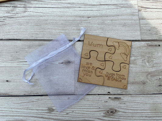 Wooden 4 piece puzzle set with little organza bag - Laser LLama Designs Ltd