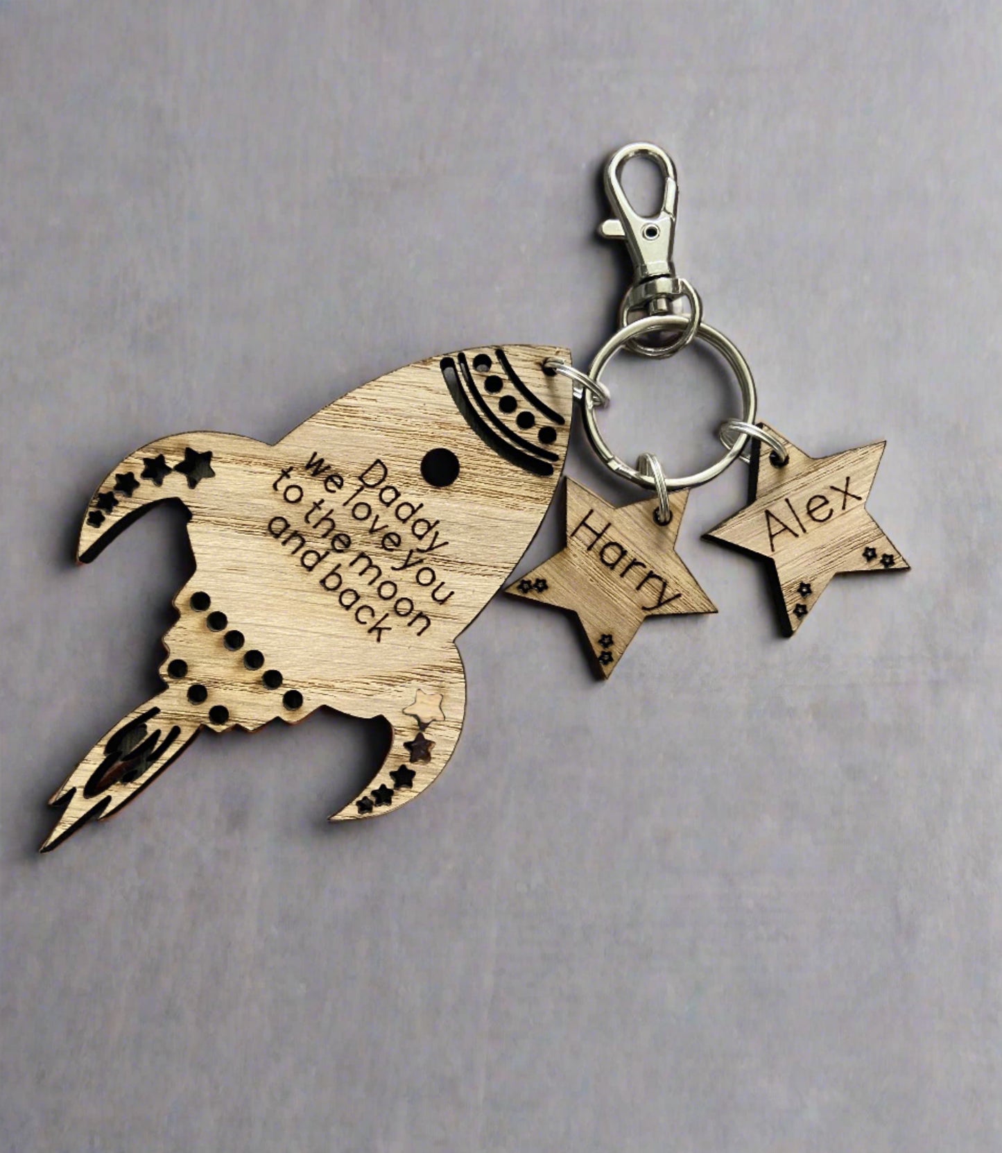 Oak veneer personalised rocket keyring - Laser LLama Designs Ltd