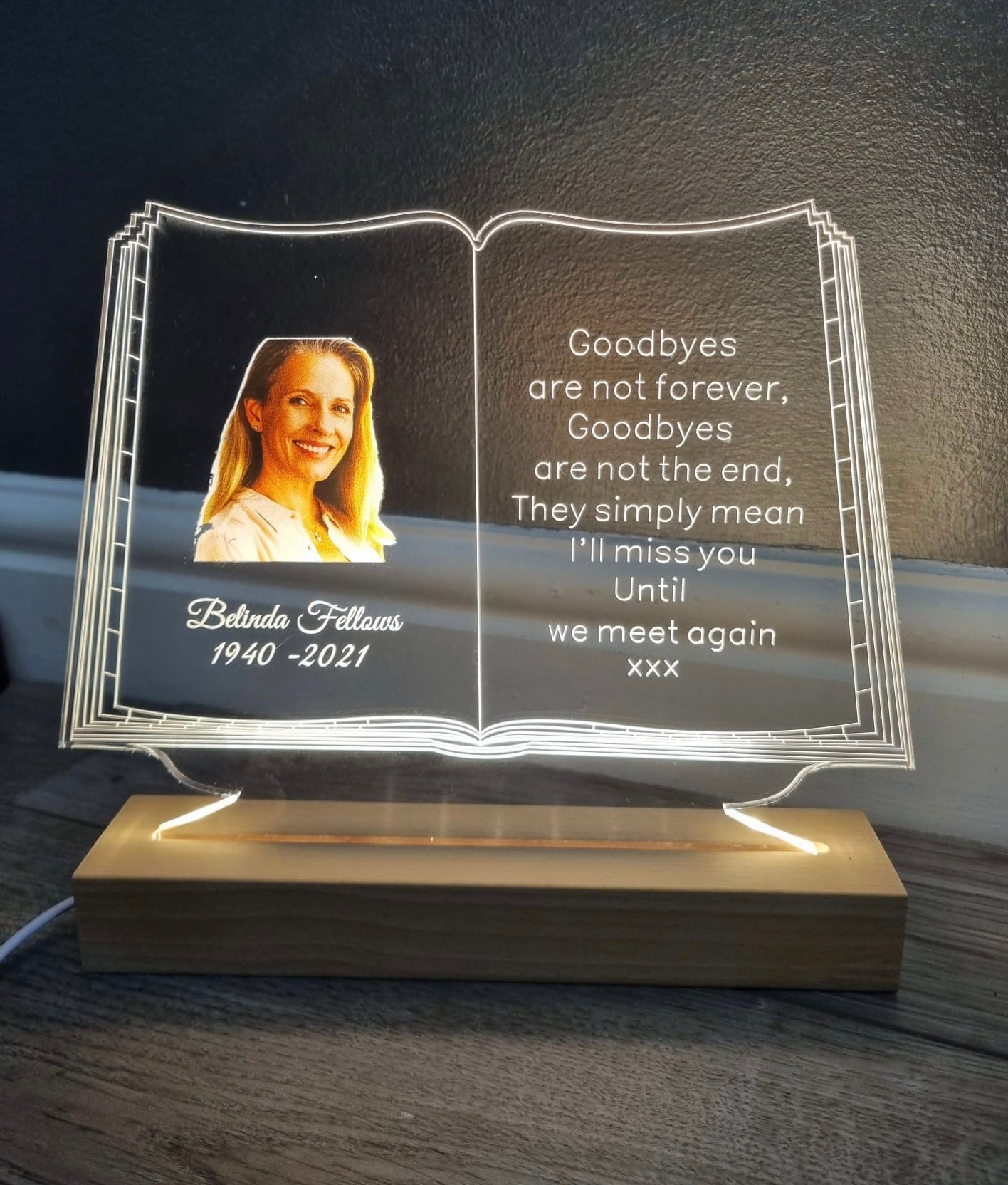 Personalised engraved open book led light display with uv printed photo - Laser LLama Designs Ltd