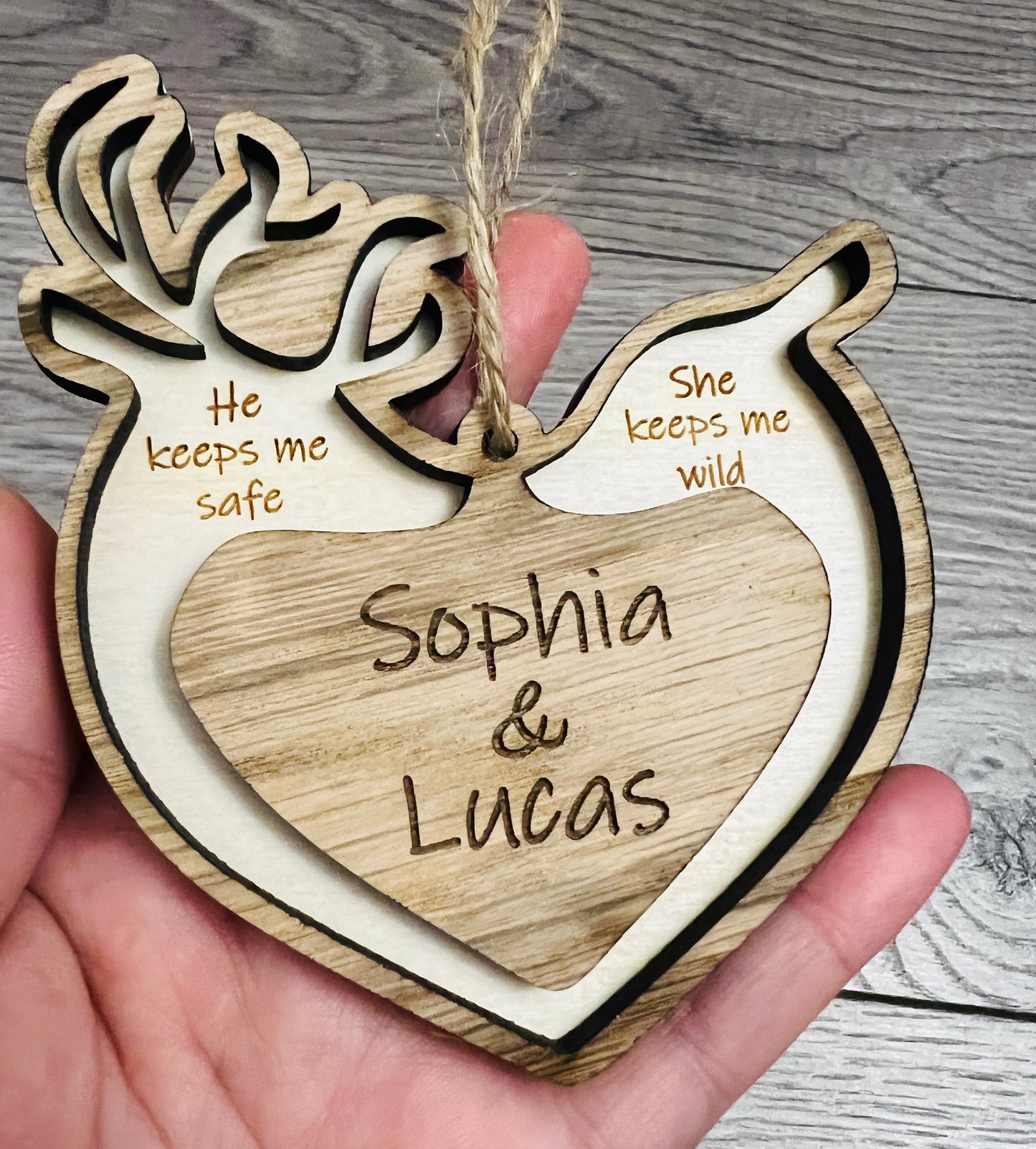 Wooden deer couple - he keeps me safe bauble - Laser LLama Designs Ltd