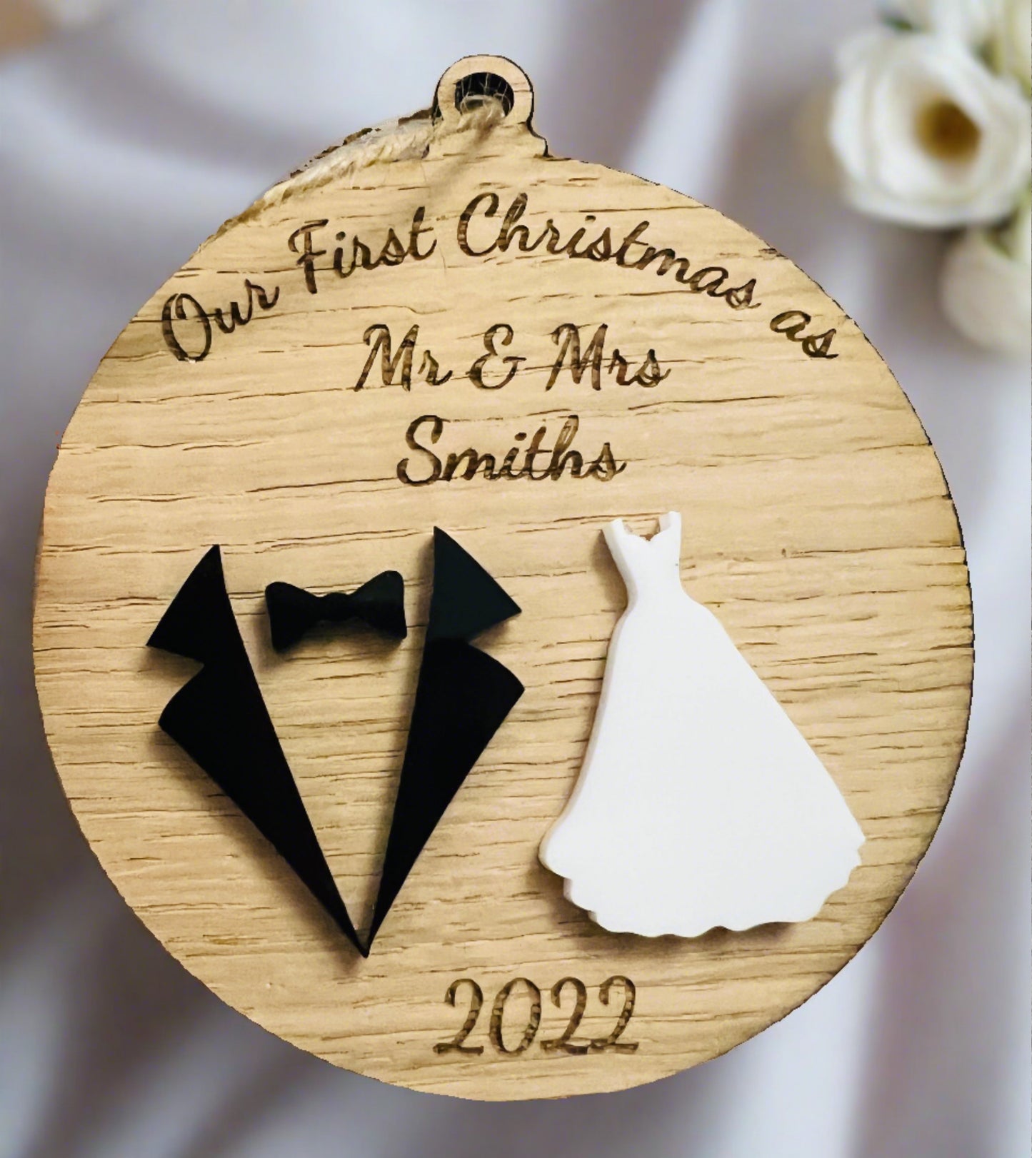 Oak veneer personalised first Christmas bauble - Laser LLama Designs Ltd