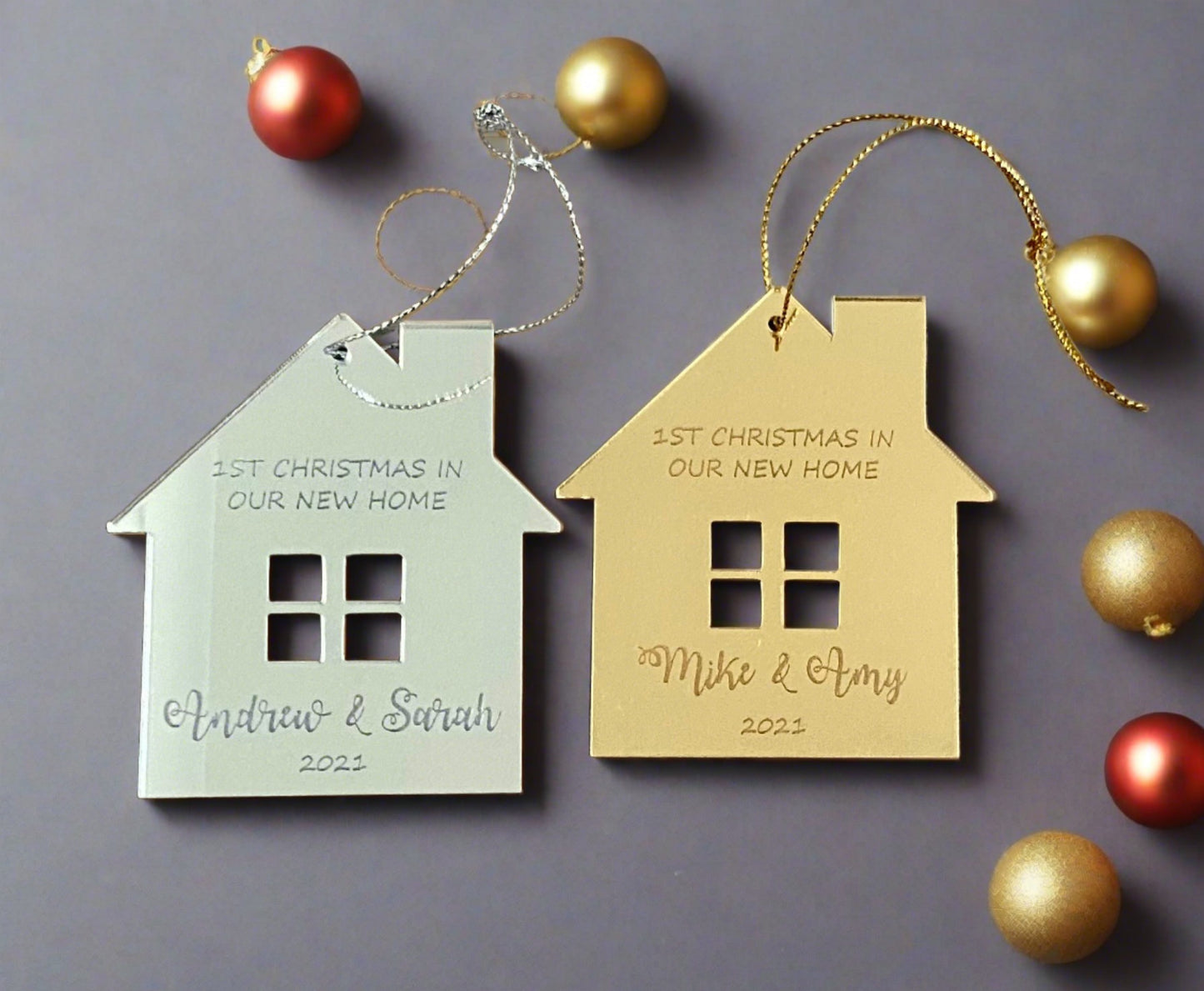 1st Christmas in our new home mirrored acrylic bauble - Laser LLama Designs Ltd