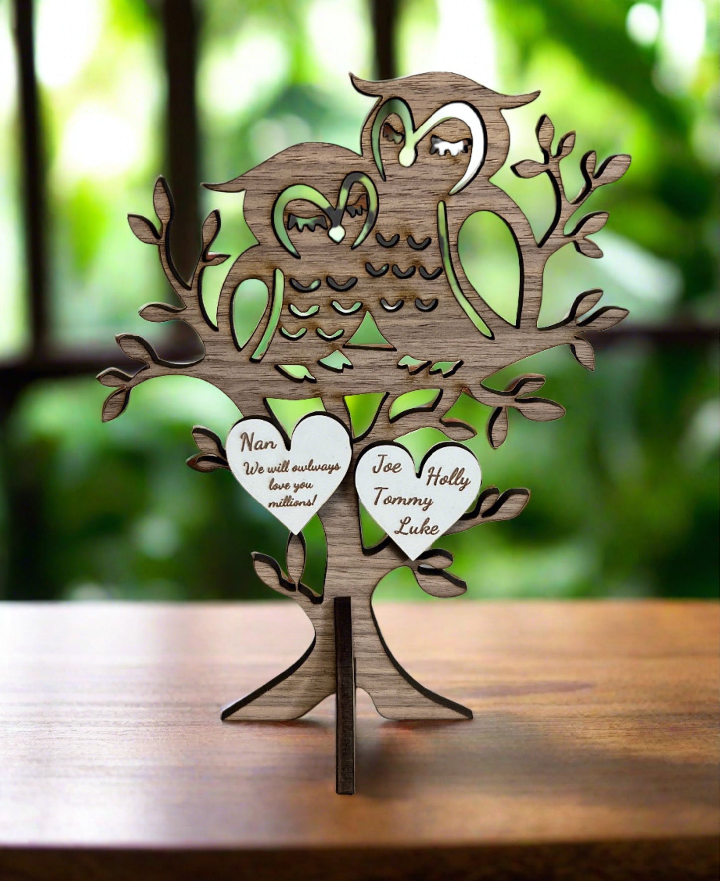 Walnut wood , personalised owl freestanding tree - Laser LLama Designs Ltd