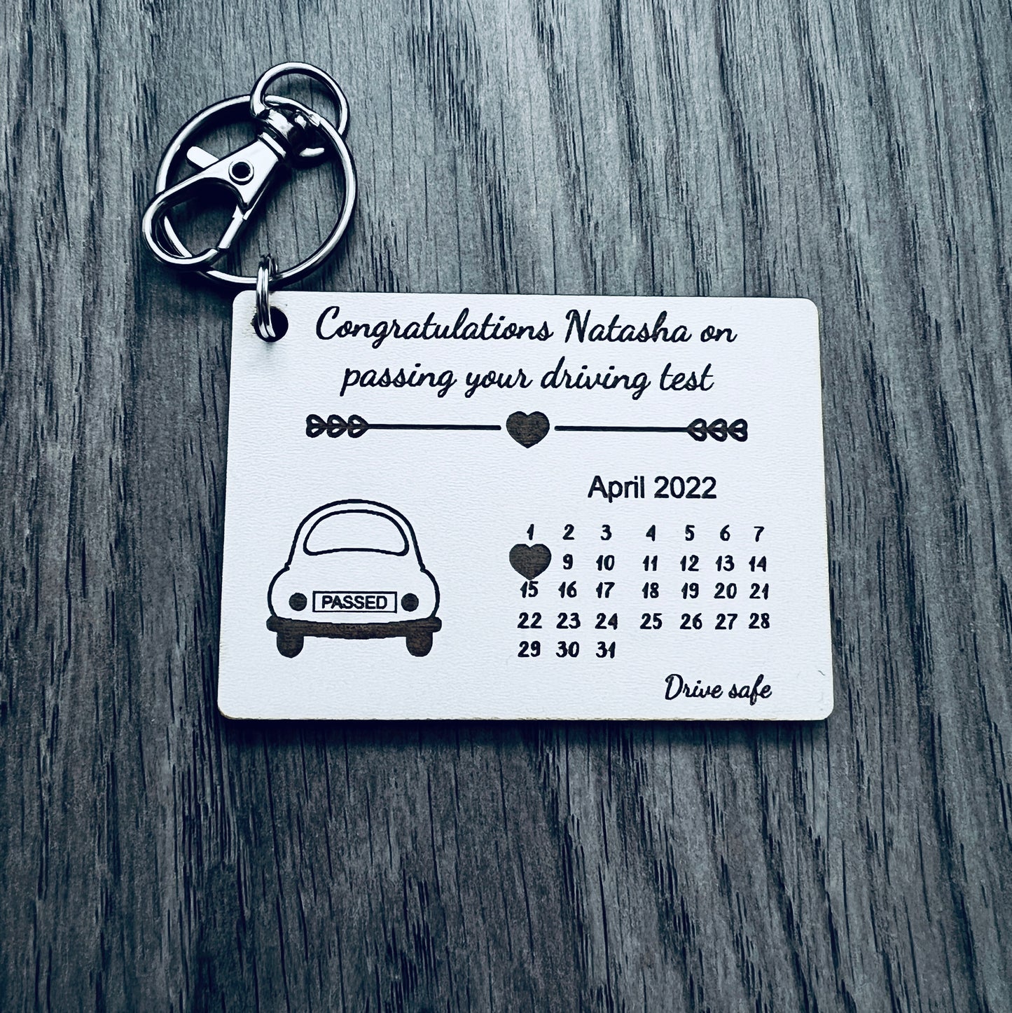 Wooden personalised passing driver test keyring - Laser LLama Designs Ltd