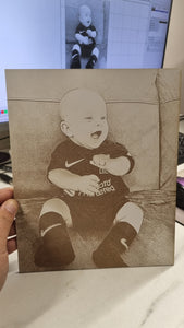 Photo engraved onto white mdf -2 sizes-stand included - Laser LLama Designs Ltd