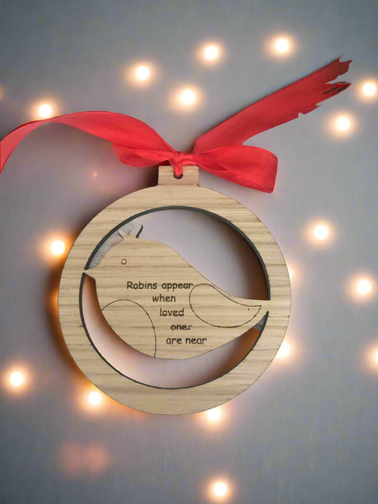 Oak veneer robin memorial bauble - Laser LLama Designs Ltd