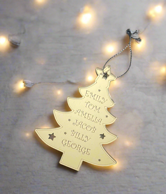 Mirrored acrylic personalised Christmas tree family bauble - Laser LLama Designs Ltd