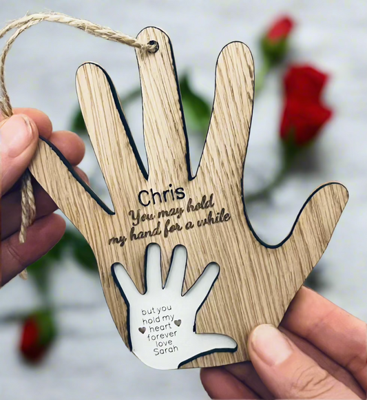 Oak veneer personalised hand little decoration for her/him - Laser LLama Designs Ltd