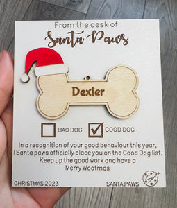 Wooden personalised Santa paws good dog card with dog bone decoration - Laser LLama Designs Ltd