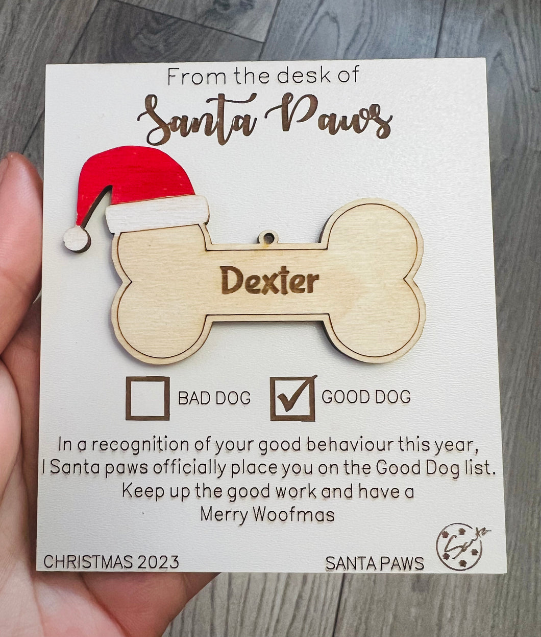 Wooden personalised Santa paws good dog card with dog bone decoration - Laser LLama Designs Ltd