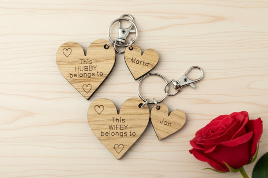 Oak veneer personalised hubby/wifey heart keyring - Laser LLama Designs Ltd